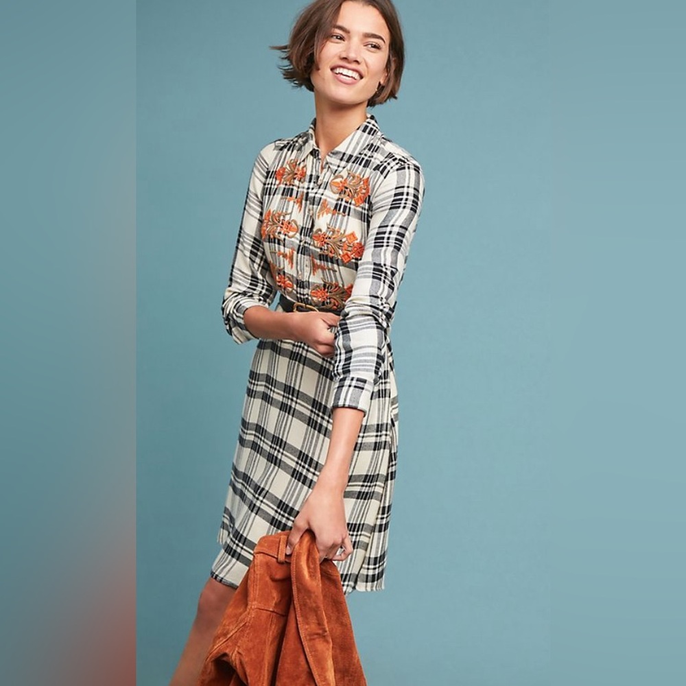 Maeve Black and Cream Plaid Shirt Dress with Orange Floral Embroidery